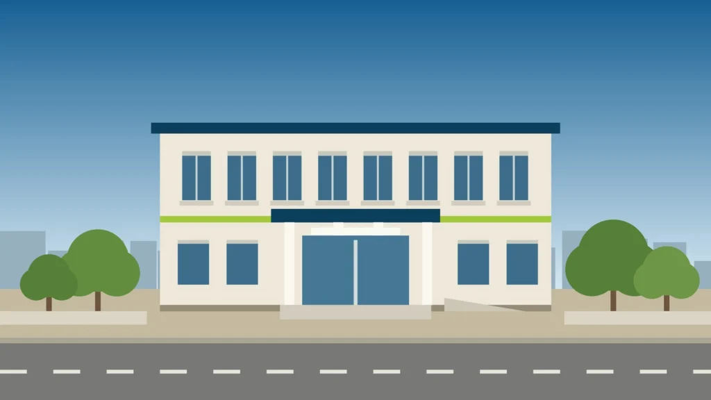 Illustration of a two-storey bank branch building with a portico entrance